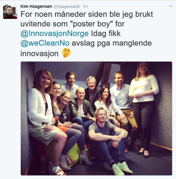 Kim Haagensens <a href="https://twitter.com/HaagensenK/status/830004042759802881">Twitter-utblåsning</a> mot Innovasjon Norge. Kim Haagensens <a href="https://twitter.com/HaagensenK/status/830004042759802881">Twitter-utblåsning</a> mot Innovasjon Norge.