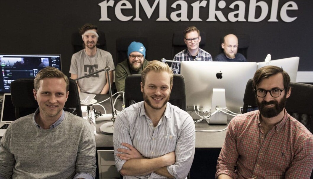 Teamet i reMarkable i november 2016. Nå er de over 80 ansatte. Foran fra venstre: VP Communication Henrik Gustav Faller, gründer og CEO Magnus Haug Wanberg, CMO Magnus Heimsjø. Bak fra venstre: VP Marketing Sigurd Gran-Jansen, CDO Mats Herding Solberg, VP Tech Øyvind Skaar , CTO Martin Sandsmark. Foto: Per-Ivar Nikolaisen Teamet i reMarkable i november 2016. Nå er de over 80 ansatte. Foran fra venstre: VP Communication Henrik Gustav Faller, gründer og CEO Magnus Haug Wanberg, CMO Magnus Heimsjø. Bak fra venstre: VP Marketing Sigurd Gran-Jansen, CDO Mats Herding Solberg, VP Tech Øyvind Skaar , CTO Martin Sandsmark. Foto: Per-Ivar Nikolaisen