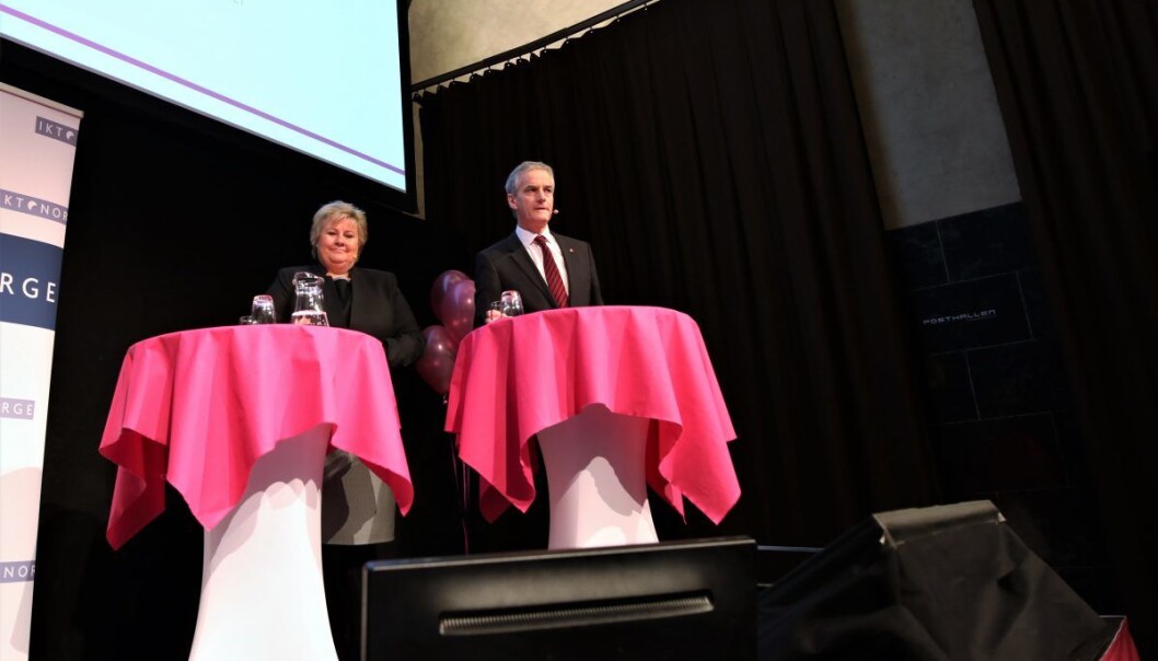 Erna Solberg (H) og Jonas Gahr Støre(Ap) i politisk duell om digitalisering. Foto: Lucas H. Weldeghebriel Erna Solberg (H) og Jonas Gahr Støre(Ap) i politisk duell om digitalisering. Foto: Lucas H. Weldeghebriel