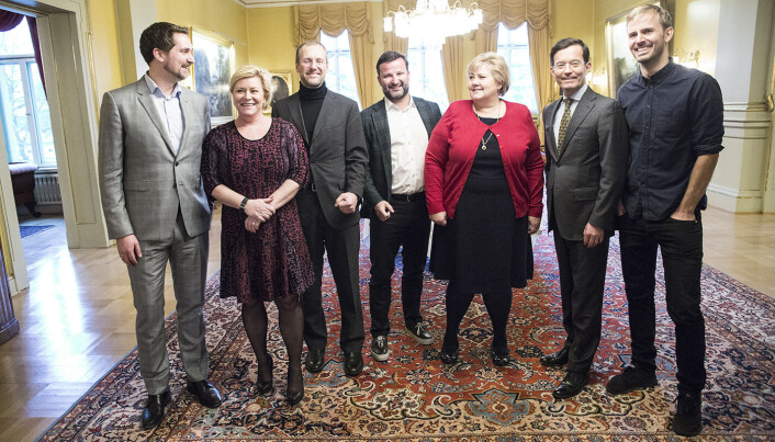 Karl Munthe-Kaas (t.v.) og flere andre bak det såkalte Gründeroppropet ble tidligere i år invitert til statsministerboligen. Foto: Per-Ivar Nikolaisen Karl Munthe-Kaas (t.v.) og flere andre bak det såkalte Gründeroppropet ble tidligere i år invitert til statsministerboligen. Foto: Per-Ivar Nikolaisen