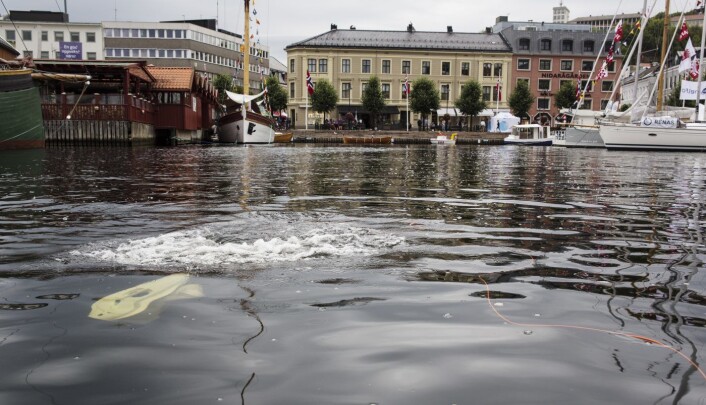 Blueyes undervannsdrone Pioneer vaket i havnebassenget under Arendalsuka. Foto: Per-Ivar Nikolaisen Blueyes undervannsdrone Pioneer vaket i havnebassenget under Arendalsuka. Foto: Per-Ivar Nikolaisen