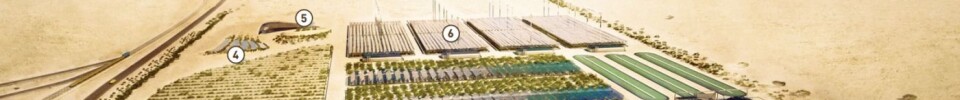 1. Algae-facility; 2. Saltwater based Greenhouses; 3. External vegetation and evaporative hedges; 4. Designed stepped protection for flash floods; 5. Facilities for research and accommodation; 6. Concentrated Solar Power facilities; 7. Evaporative ponds Ilustrasjon: Sahara Forest Project