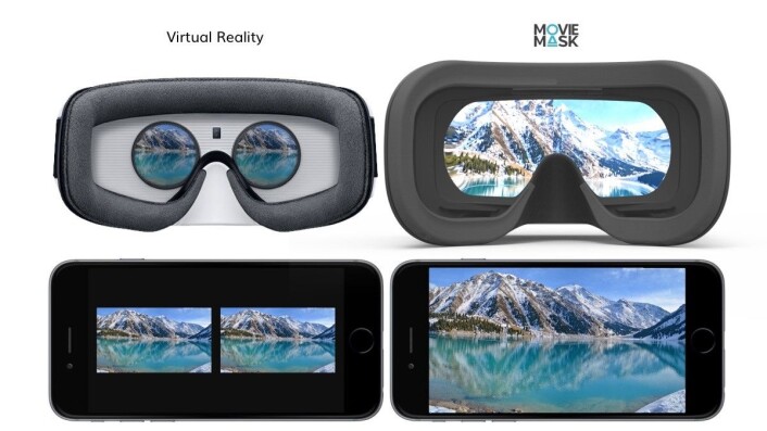 Forskjellen mellom VR-briller og MovieMask-briller. Foto: MovieMask Forskjellen mellom VR-briller og MovieMask-briller. Foto: MovieMask