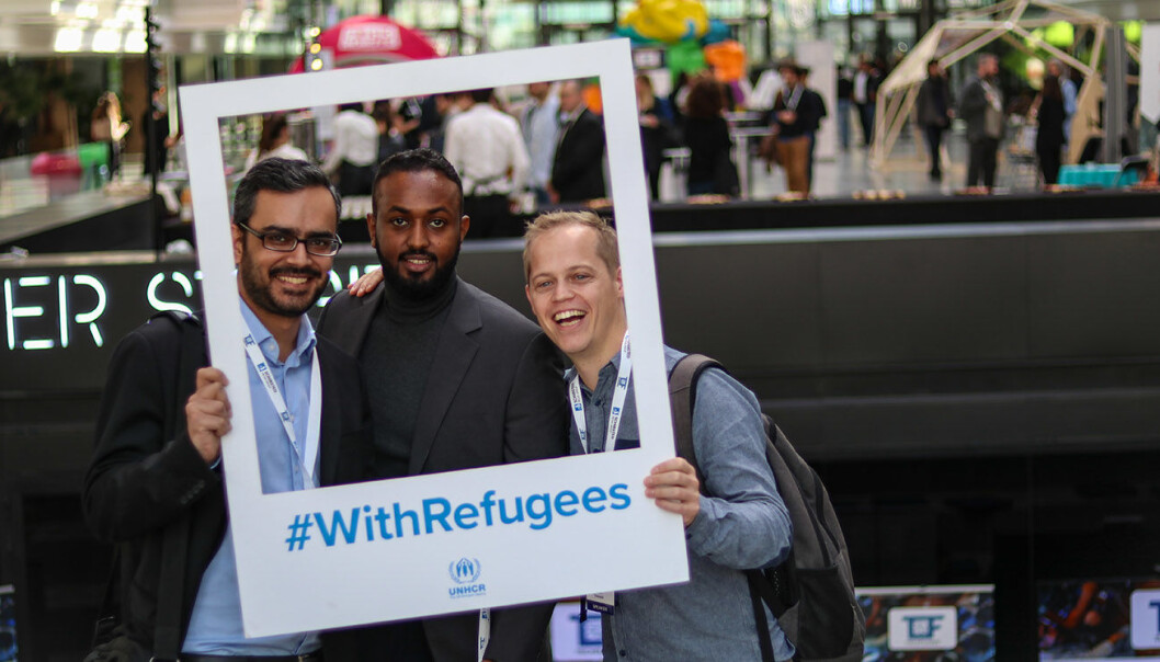 Gautam Chandna (t.v.), Aman Tesfamichael og Rodney Boot i TikkTalk var på Techfugees. Foto: Jawad Allazkani, Techfugees Gautam Chandna (t.v.), Aman Tesfamichael og Rodney Boot i TikkTalk var på Techfugees. Foto: Jawad Allazkani, Techfugees