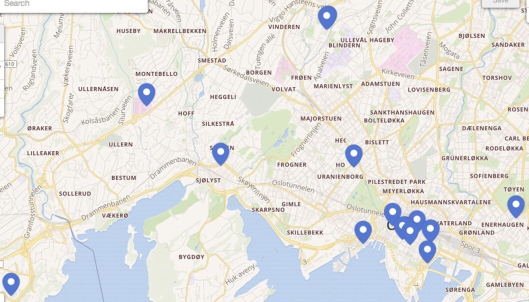 Kartet viser hvor man finner inkubatorer i og utenfor Oslo. Tettheten er størst i Oslo sentrum, der byens navn knapt synes bak de blå markeringene. Kartet viser hvor man finner inkubatorer i og utenfor Oslo. Tettheten er størst i Oslo sentrum, der byens navn knapt synes bak de blå markeringene.