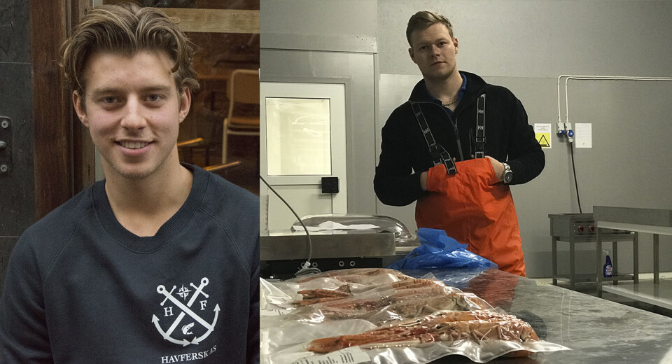 Jon Åsmund Myklebust Guttulsrud sammen med medgründer Leif Arne Ytterland. Bildet fra 2018 viser en vakumpakket kreps, klar for å sendes til Oslo.