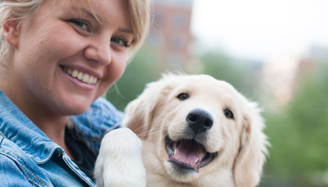 Renathe Lund sammen med en golden retriever-valp. Foto: Renathe Lund sammen med en golden retriever-valp. Foto: