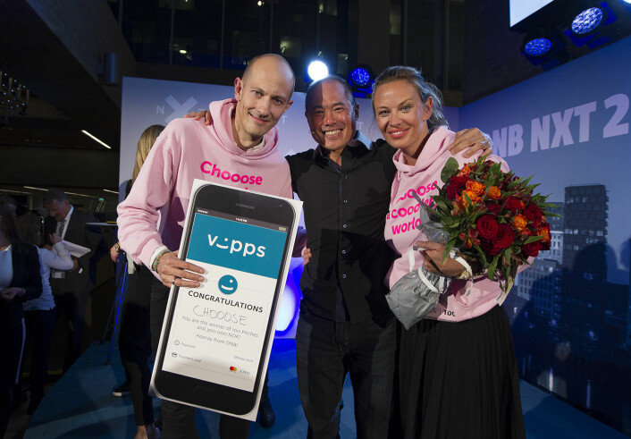  Martine Kveim og Andreas Slettvoll i rosa, da Chooose vant finalen i 100 Pitches hos DNB tidligere i år. Foto: Christian T. Jørgensen/ EUP-BERLIN.COM<br />This image is delivered according to the terms set out in "Terms - Prices &amp; Terms" on www.eup-berlin.com