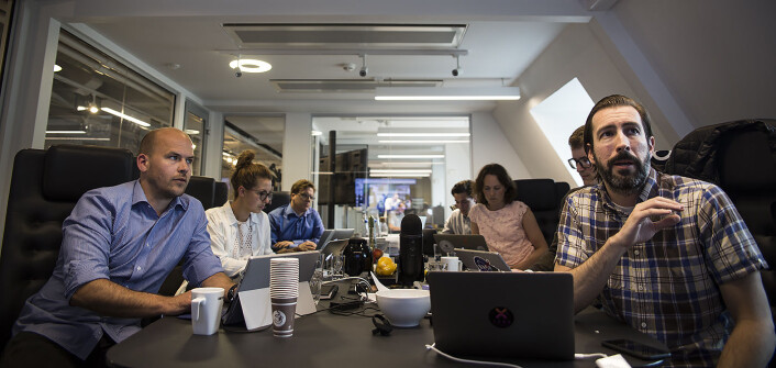 Sean Percival (t.h.) leder teamet som velger ut kandidatene til Katapult Accelerator, her fra første runde. Foto: Per-Ivar Nikolaisen Sean Percival (t.h.) leder teamet som velger ut kandidatene til Katapult Accelerator, her fra første runde. Foto: Per-Ivar Nikolaisen