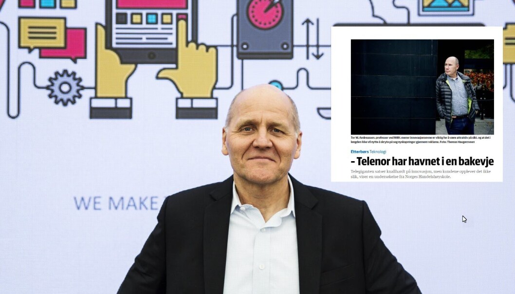 Telenorsjef Sigve Brekke og faksimile fra DN som Norsk innovasjonsindeks. Foto: Per-Ivar Nikolaisen og DN Telenorsjef Sigve Brekke og faksimile fra DN som Norsk innovasjonsindeks. Foto: Per-Ivar Nikolaisen og DN
