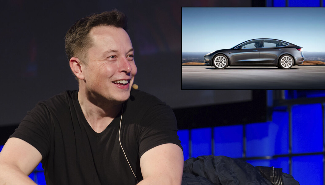 Elon Musk, med Tesla Model 3 (innfelt). Foto: Heisenberg Media (Elon Musk), Tesla Model 3 (Peter Stevens). Begge bilder er fra Flickr. Elon Musk, med Tesla Model 3 (innfelt). Foto: Heisenberg Media (Elon Musk), Tesla Model 3 (Peter Stevens). Begge bilder er fra Flickr.