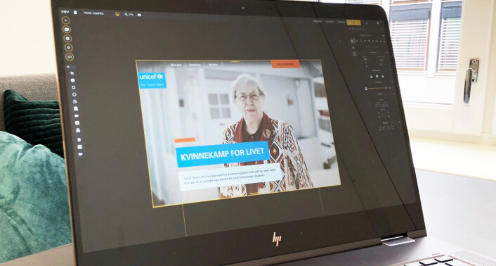 Gründerne bak Vev beskriver programvaren som "Photoshop for web", og grensesnittet ligner på den verdensberømte redigeringsprogramvaren. Her jobber en utvikler/designer med en artikkel for Unicef, i Vev. Foto: Vev. Gründerne bak Vev beskriver programvaren som "Photoshop for web", og grensesnittet ligner på den verdensberømte redigeringsprogramvaren. Her jobber en utvikler/designer med en artikkel for Unicef, i Vev. Foto: Vev.