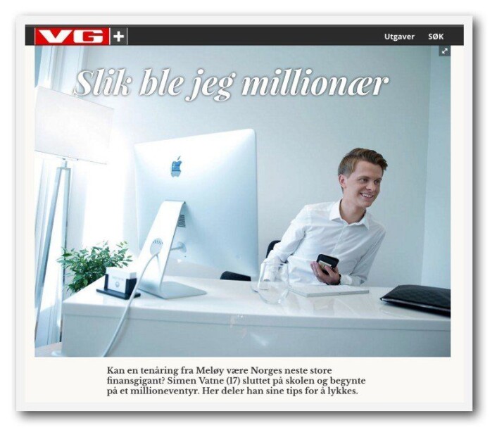 Simen Vatne har innsett at han snakket litt for høyt og stort i mediene under sitt forrige prosjekt AdSocial. Faksimile: VG Simen Vatne har innsett at han snakket litt for høyt og stort i mediene under sitt forrige prosjekt AdSocial. Faksimile: VG