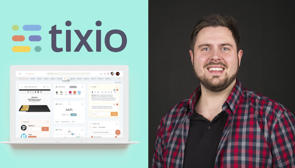 Torstein Gustavsen fra Tixio. Produktbildet på PC-skjermen viser hvordan en brukers spesialtilpassede Tixio-desktop kan se ut. Foto: Tixio