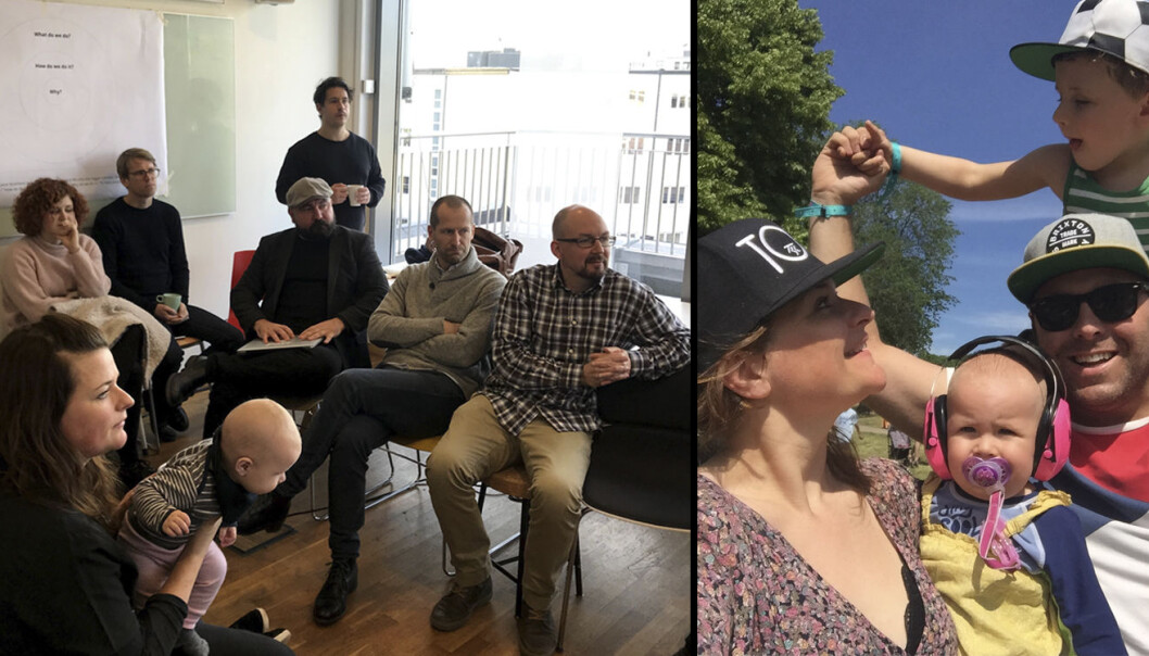 Venstre bilde: Åste deltar -- med barn på armen -- i et møte med andre i Payr. Høyre bilde: Åste, Espen og de to barna deres. Foto: Payr / Privat Venstre bilde: Åste deltar -- med barn på armen -- i et møte med andre i Payr. Høyre bilde: Åste, Espen og de to barna deres. Foto: Payr / Privat