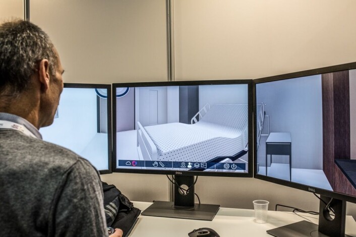 3D-modellen projiseres videre over på skjermvegger eller direkte i VR-briller som gir brukerne romfølelse. Inne i modellen fremstår brukerne som avatarer og kan møte andre brukere som er på befaring. Foto: COWI 3D-modellen projiseres videre over på skjermvegger eller direkte i VR-briller som gir brukerne romfølelse. Inne i modellen fremstår brukerne som avatarer og kan møte andre brukere som er på befaring. Foto: COWI