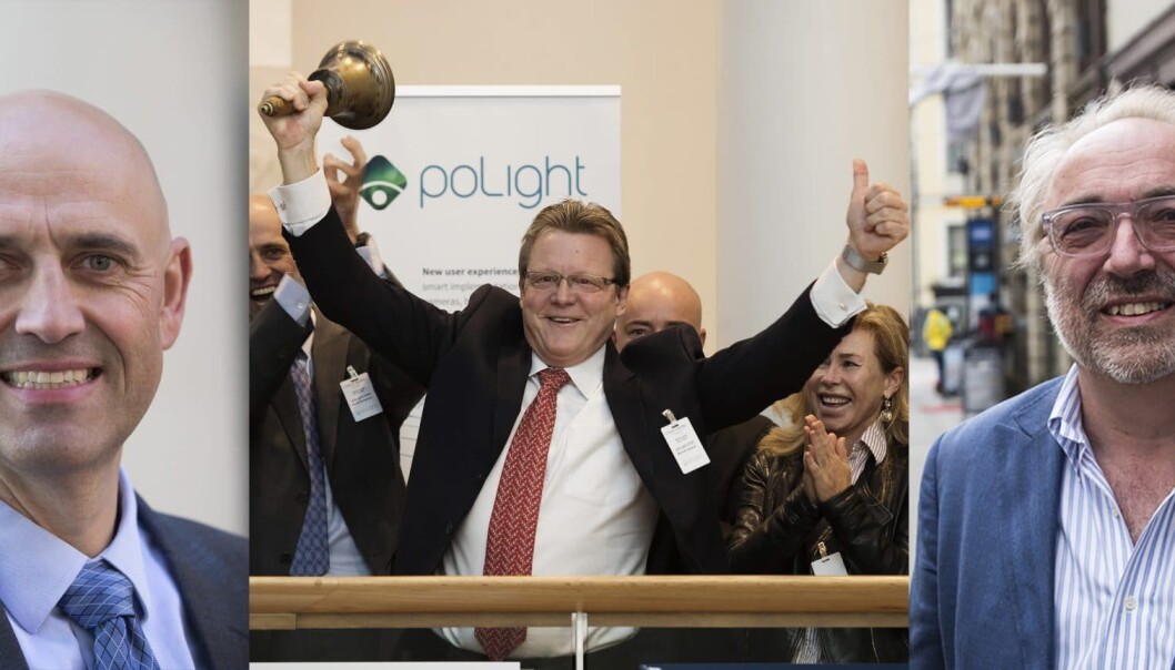 PoLight ble mandag notert på Oslo Børs. CEO Øyvind Isaksen ringer med bjella. T.v: Eivind Bergsmyr i Viking Venture. T.h: Erling Maartmann-Moe i Alliance Venture. Fotos: Terje Bendiksby / NTB scanpix/Per-Ivar Nikolaisen PoLight ble mandag notert på Oslo Børs. CEO Øyvind Isaksen ringer med bjella. T.v: Eivind Bergsmyr i Viking Venture. T.h: Erling Maartmann-Moe i Alliance Venture. Fotos: Terje Bendiksby / NTB scanpix/Per-Ivar Nikolaisen