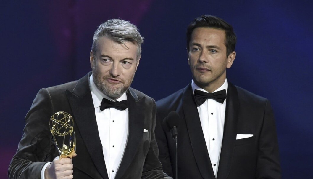 Black Mirror-serieskaperne Charlie Brooker og William Bridges i forbindelse med at Black Mirror-serieskaperne Charlie Brooker og William Bridges i forbindelse med at