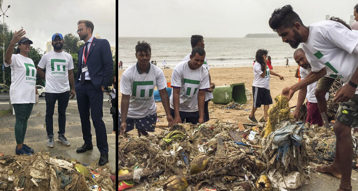 Venstre bilde: Frivillige ryddere for Empower snakker med Nikolai Astrup i forbindelse med en rydding av plast i Mumbai, India. Høyre bilde: Rydderne i India viser frem noe av plasten de har funnet. Foto: Empower Venstre bilde: Frivillige ryddere for Empower snakker med Nikolai Astrup i forbindelse med en rydding av plast i Mumbai, India. Høyre bilde: Rydderne i India viser frem noe av plasten de har funnet. Foto: Empower
