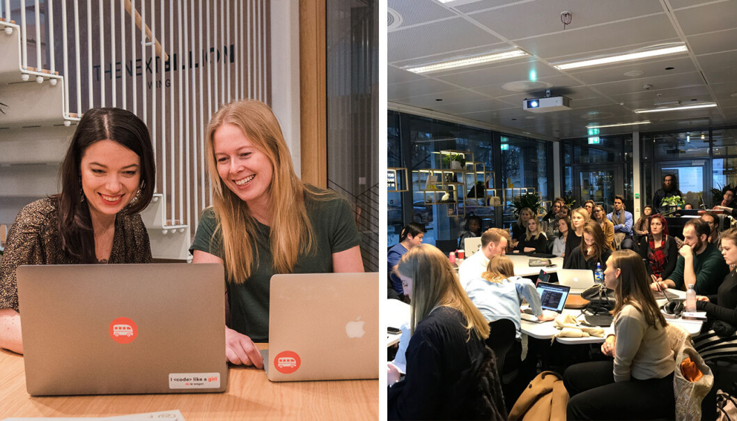 Venstre: Joanna Gaudyn og Siri Myhre fra Le Wagon Norway. Høyre: Bilde fra en av Le Wagon sine workshops. Foto: Benedicte Tandsæther-Andersen // Le Wagon Venstre: Joanna Gaudyn og Siri Myhre fra Le Wagon Norway. Høyre: Bilde fra en av Le Wagon sine workshops. Foto: Benedicte Tandsæther-Andersen // Le Wagon