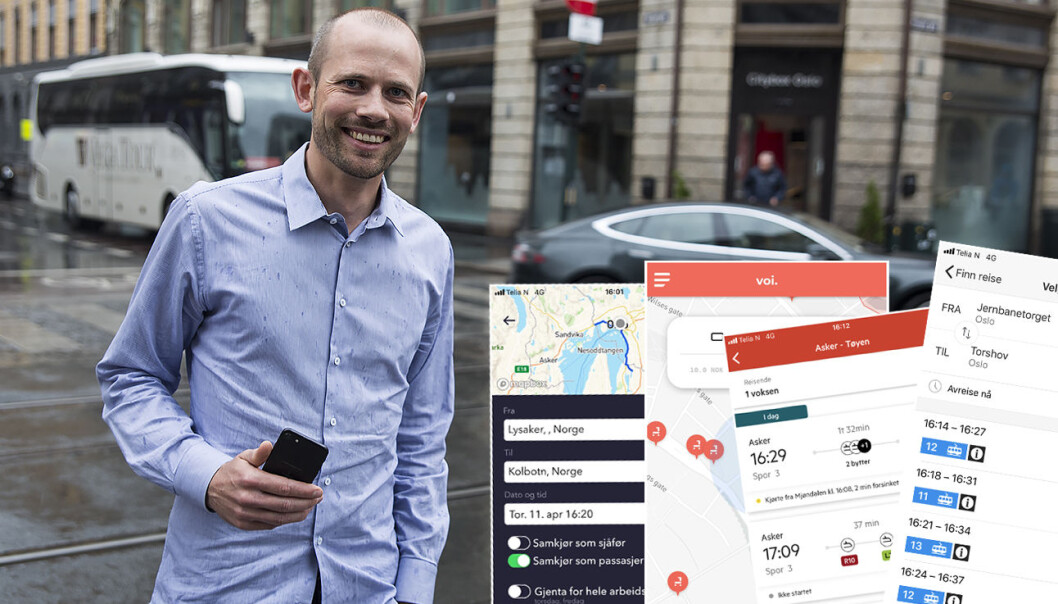 Rasmus Myklebust, daglig leder i samkjørings-selskapet SammeVei, jobber med et prosjekt for å koble samkjøring med offentlig transport. Skjermbildene er kun til illustrasjon. Foto: Per-Ivar Nikolaisen Rasmus Myklebust, daglig leder i samkjørings-selskapet SammeVei, jobber med et prosjekt for å koble samkjøring med offentlig transport. Skjermbildene er kun til illustrasjon. Foto: Per-Ivar Nikolaisen