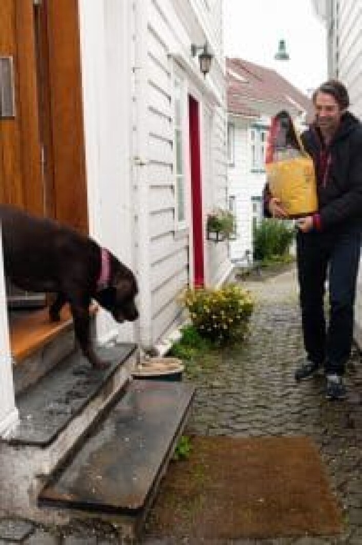 Gründer Trond Saure leverer favorittfôret til labradoren Leia. Gründer Trond Saure leverer favorittfôret til labradoren Leia.