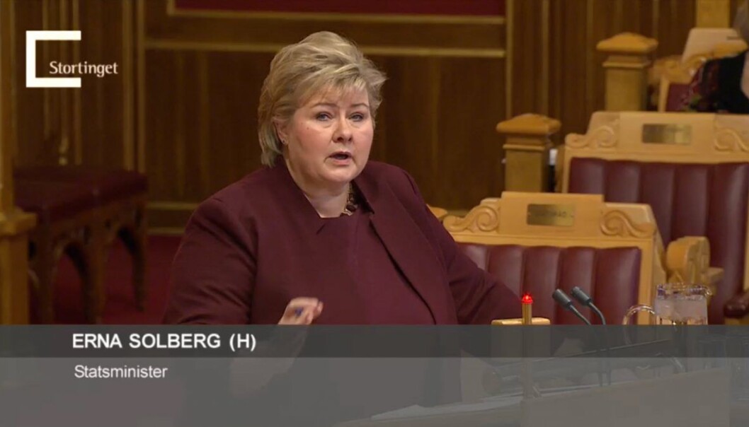 Erna Solberg i Stortingets spørretime onsdag. Foto: Stortinget. Erna Solberg i Stortingets spørretime onsdag. Foto: Stortinget.
