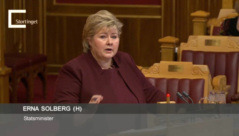Erna Solberg i Stortingets spørretime onsdag. Foto: Stortinget.