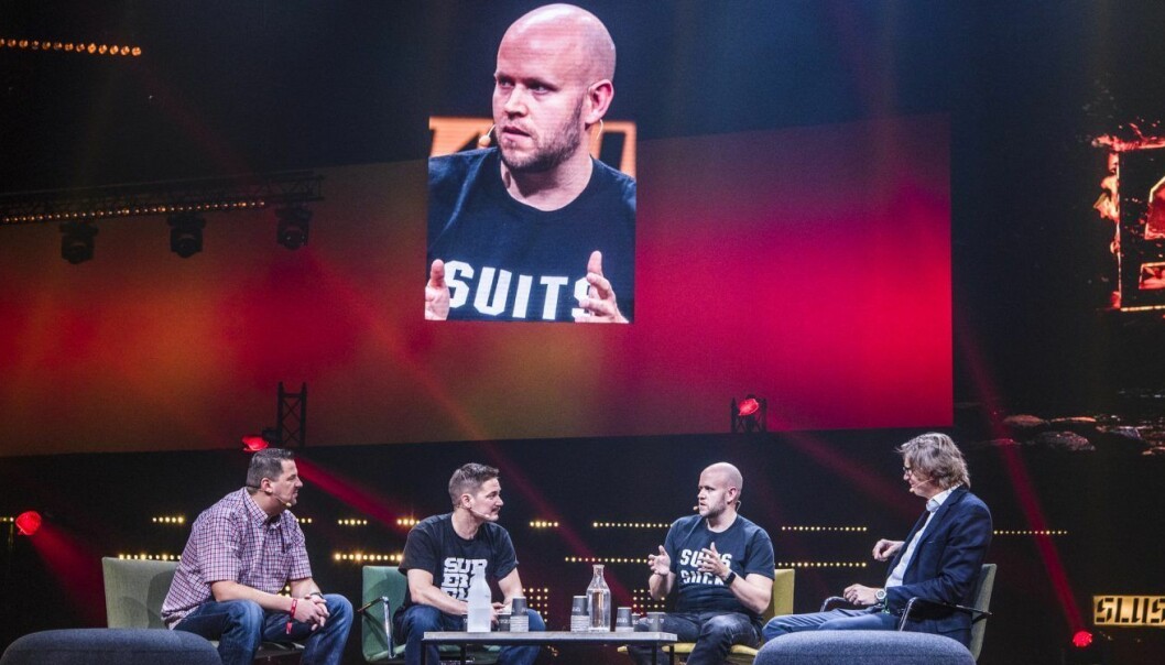 Daniel Ek i Spotify i samtale med Ilkka Paananen i Supercell og Niklas Zennström i Spotify på Slush i fjor.