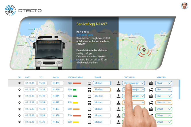 Busselskapet får beskjed om skader i et eget dashboard, der de også kan bestille reperasjon av ruta. Busselskapet får beskjed om skader i et eget dashboard, der de også kan bestille reperasjon av ruta.