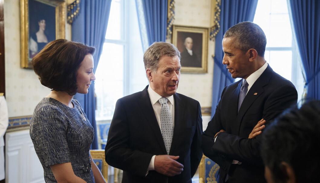 Sauli Niinistö og kona Jenni Haukio sammen med president Barack Obama under det nordiske toppmøte i Det hvite hus i Washington for tre år siden. Sauli Niinistö og kona Jenni Haukio sammen med president Barack Obama under det nordiske toppmøte i Det hvite hus i Washington for tre år siden.