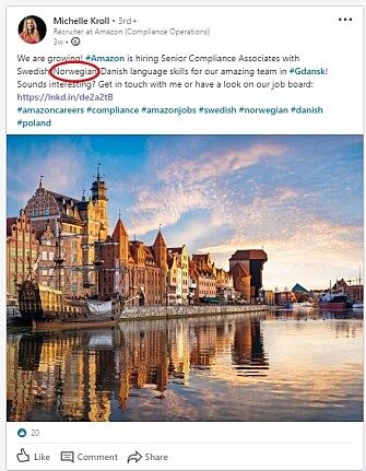 Amazon-rekrutterer Michelle Kroll leter etter norsk-, svensk-, og dansktalende til kontoret i Gdansk. Amazon-rekrutterer Michelle Kroll leter etter norsk-, svensk-, og dansktalende til kontoret i Gdansk.