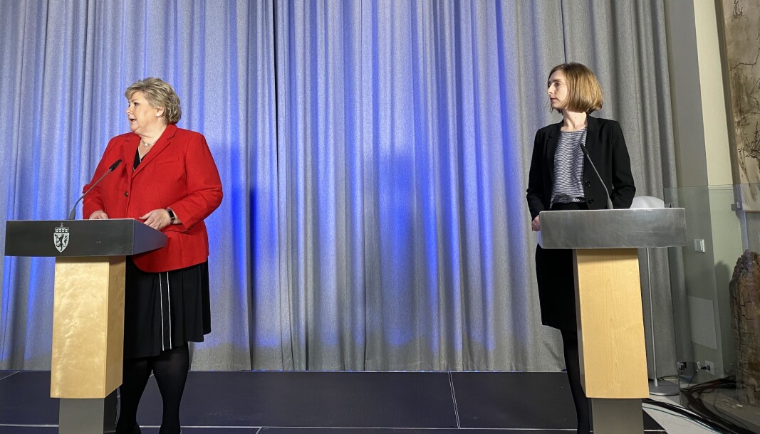 Erna Solberg og Iselin Nybø på dagens pressekonferanse. Erna Solberg og Iselin Nybø på dagens pressekonferanse.
