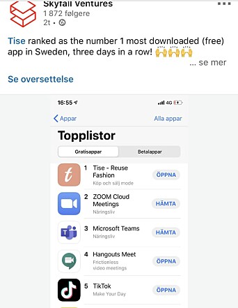 Tise toppet svenske App Store i forrige uke.