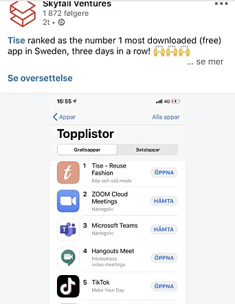 Tise toppet svenske App Store i forrige uke. Tise toppet svenske App Store i forrige uke.