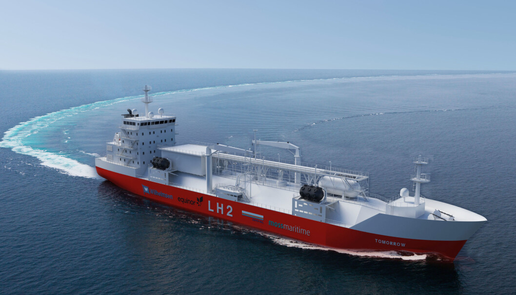 Bunkringsskipet for flytende hydrogen, utviklet av Moss Maritime, Equinor, Wilhelmsen og DNVGL, peker mot en kraftig dreining vekk fra maritime utslipp. Illustrasjon: Moss Maritime Bunkringsskipet for flytende hydrogen, utviklet av Moss Maritime, Equinor, Wilhelmsen og DNVGL, peker mot en kraftig dreining vekk fra maritime utslipp. Illustrasjon: Moss Maritime