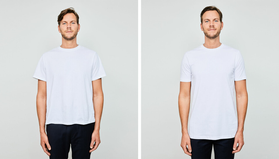 Til venstre er en vanlig t-skjorte, til høyre er MediumTalls skjorte.