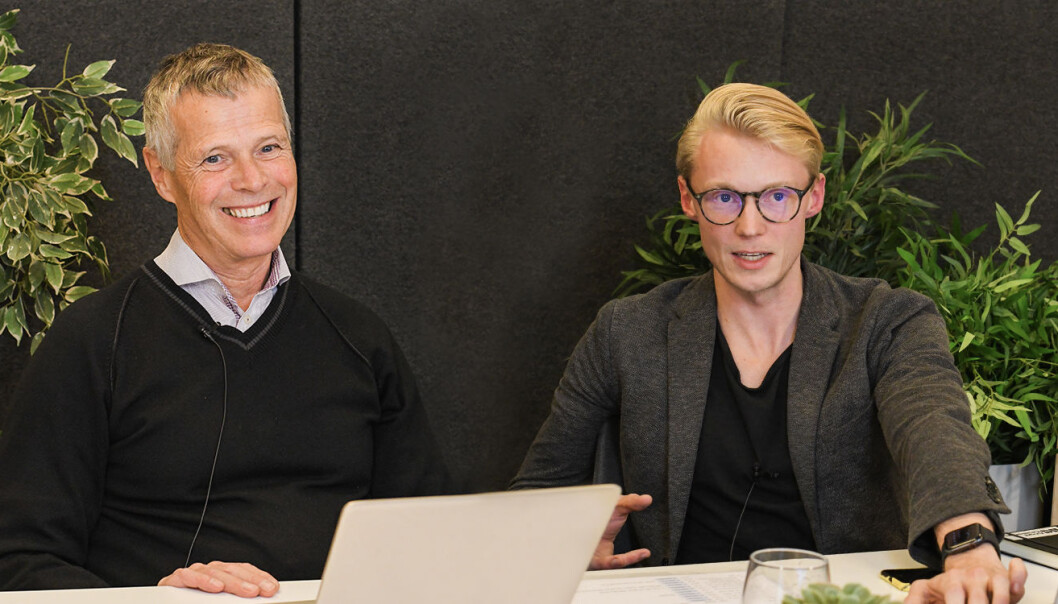 Bjørn Christensen og Eirik Nerdal på scenen under Angel Challenge Fall 2020, som ble live-streamet. Foto: Startup Norway. Bjørn Christensen og Eirik Nerdal på scenen under Angel Challenge Fall 2020, som ble live-streamet. Foto: Startup Norway.