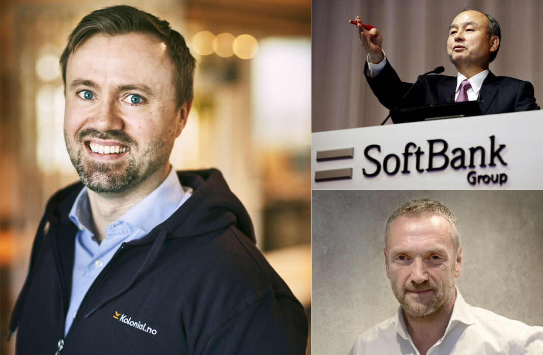 Økonomisjef og medgründer Vegard Aakre Vik i Kolonial.no, snart Oda, (til venstre), med Softbank-sjef Masayoshi Son (øverst til høyre) og Prosus-sjef Bob van Dijk (nederst til høyre). Økonomisjef og medgründer Vegard Aakre Vik i Kolonial.no, snart Oda, (til venstre), med Softbank-sjef Masayoshi Son (øverst til høyre) og Prosus-sjef Bob van Dijk (nederst til høyre).