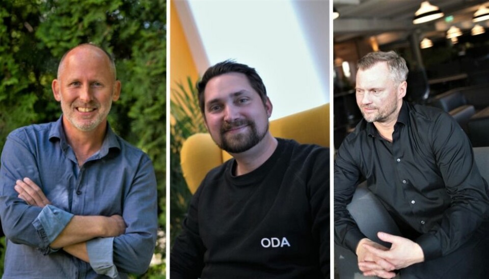Johan Gjesdahl i Alliance Venture (t.v.) og Preben Songe-Møller i Skyfall Ventures (t.h.) kan glise etter at Oda, ved CEO Karl Munthe-Kaas (midten), har gitt den storgevinster.