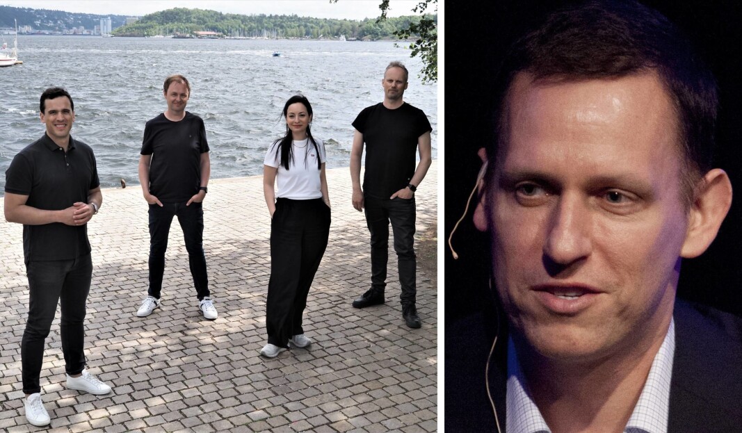 Snö-teamet, f.v. Max Samuel, Magne Uppman, Kremena Tosheva og Teodor Bjerrang. Suksessgründer og investor Peter Thiel til høyre. Snö-teamet, f.v. Max Samuel, Magne Uppman, Kremena Tosheva og Teodor Bjerrang. Suksessgründer og investor Peter Thiel til høyre.