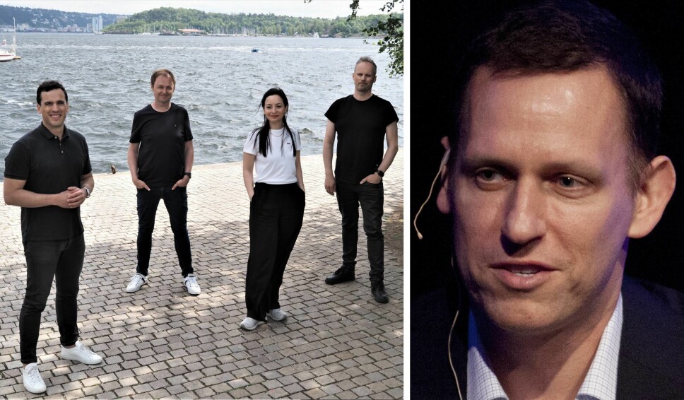 Snö-teamet, f.v. Max Samuel, Magne Uppman, Kremena Tosheva og Teodor Bjerrang. Suksessgründer og investor Peter Thiel til høyre.