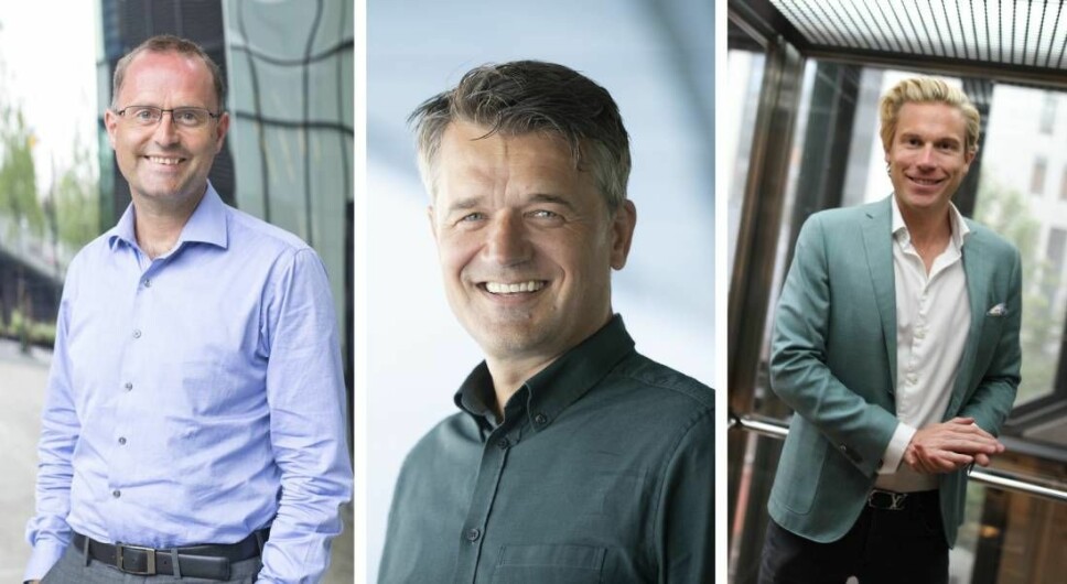 Lars Erik Fjørtoft (t.v.) er fagekspert på fintech i Pwc, mens Christoffer Hernæs (t.h.) er fintech-konsulent og investor. Vipps-sjef Rune Garborg i midten.