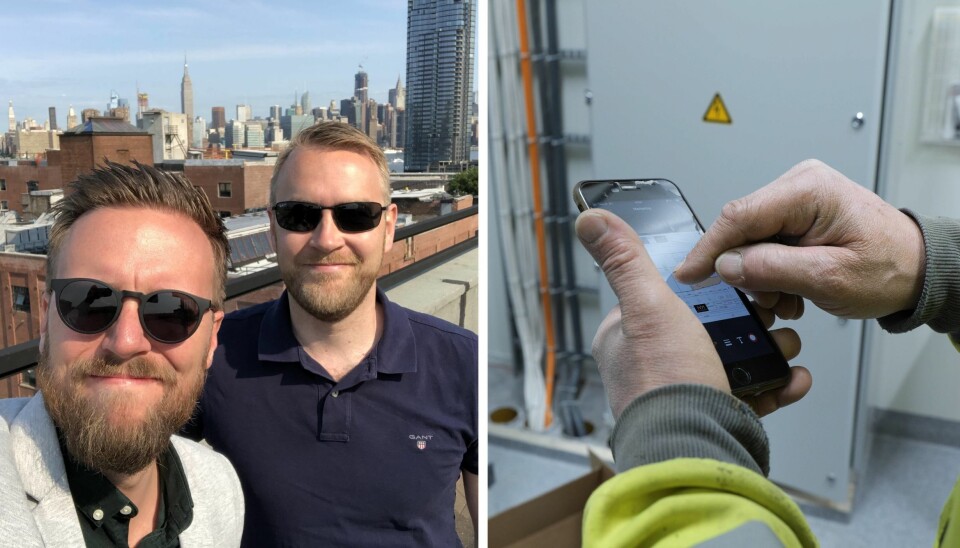 Markedssjef Daniel Skotheim og daglig leder Jan Tore Grindheim under en av mange turer til USA. Bildet til høyre viser Fonn-appen.