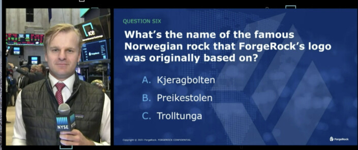 Norske fjellformasjoner som tema i quizen på New York Stock Exchange torsdag ettermiddag. Norske fjellformasjoner som tema i quizen på New York Stock Exchange torsdag ettermiddag.
