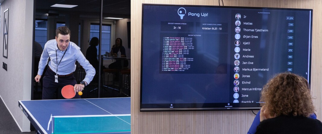 Her er sjefen som liker å banke sine ansatte ... i bordtennis. Scoreboarden i kantina hos Zdata viser at Thor Kristian Seth gjerne tar en runde med bordtennisrakkerten. Her er sjefen som liker å banke sine ansatte ... i bordtennis. Scoreboarden i kantina hos Zdata viser at Thor Kristian Seth gjerne tar en runde med bordtennisrakkerten.