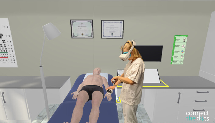 Bildet illustrer CTDs virtuelle legekontor. For å komme inn i den virtuelle verden trenger brukeren kun et VR-headset og to kontrollere, forklarer gründerne. Rommet er fylt med ulike medisinske utstyr som kan bli brukt underveis i prosedyretreningen. Bildet illustrer CTDs virtuelle legekontor. For å komme inn i den virtuelle verden trenger brukeren kun et VR-headset og to kontrollere, forklarer gründerne. Rommet er fylt med ulike medisinske utstyr som kan bli brukt underveis i prosedyretreningen.
