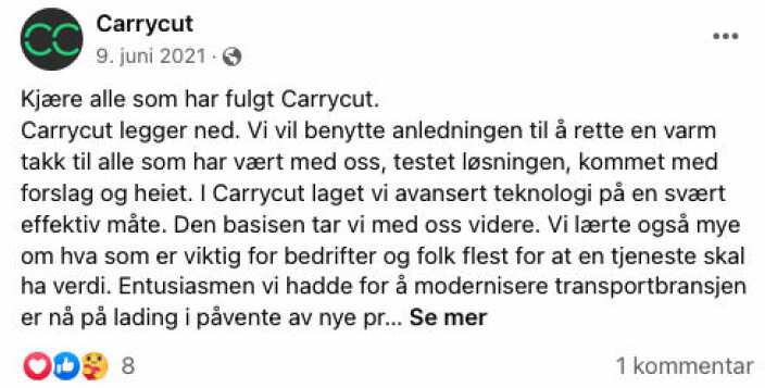 Carrycut skrev på egen Facebook-side av de la ned i 2021.