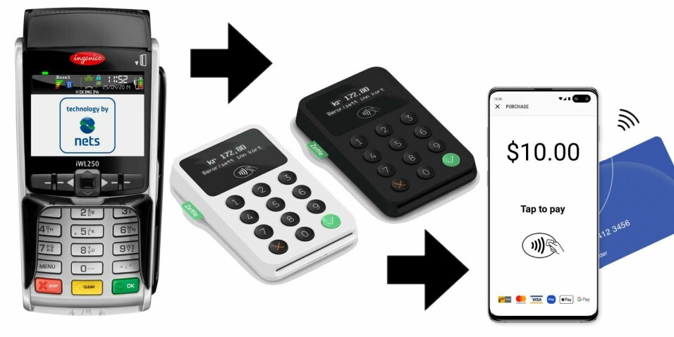 Fra venstre. Klassisk betalingsterminal fra ingenico, mobile betalingsterminaler fra Zettle og fremtidens SoftPOS-løsning illustrert ved Samsung POS.