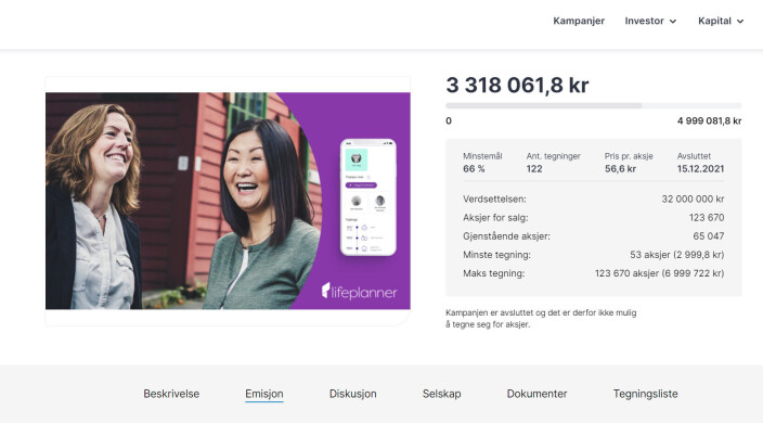 Begynnelsen til slutten. Da Lifeplanner ikke klarte å nå minimumsgrensen i folkefinansieringskampanjen i desember, begynte kapitalsituasjonen å bli akutt for selskapet. Begynnelsen til slutten. Da Lifeplanner ikke klarte å nå minimumsgrensen i folkefinansieringskampanjen i desember, begynte kapitalsituasjonen å bli akutt for selskapet.